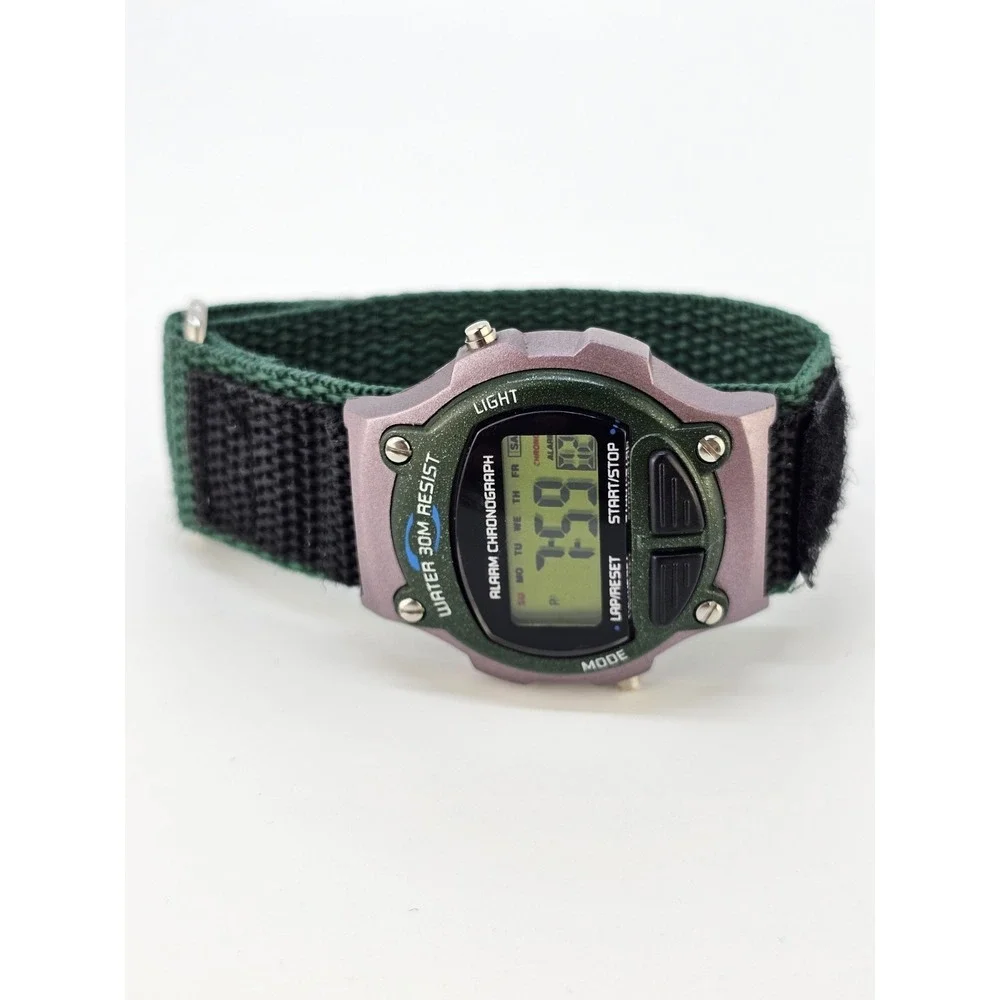 Men's Sports Digital Watch 40MM Green Black Nylon Band Light Chrono New Battery